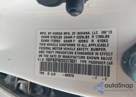 2013 Honda Civic Ex z USA, uszkodzony, nr VIN 19XFB2F82DE273631